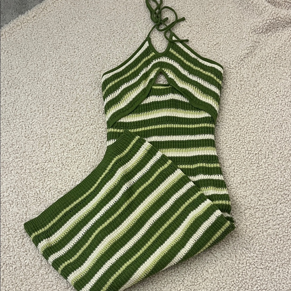Green and White Striped Knit Halter Dress Sz M NWT